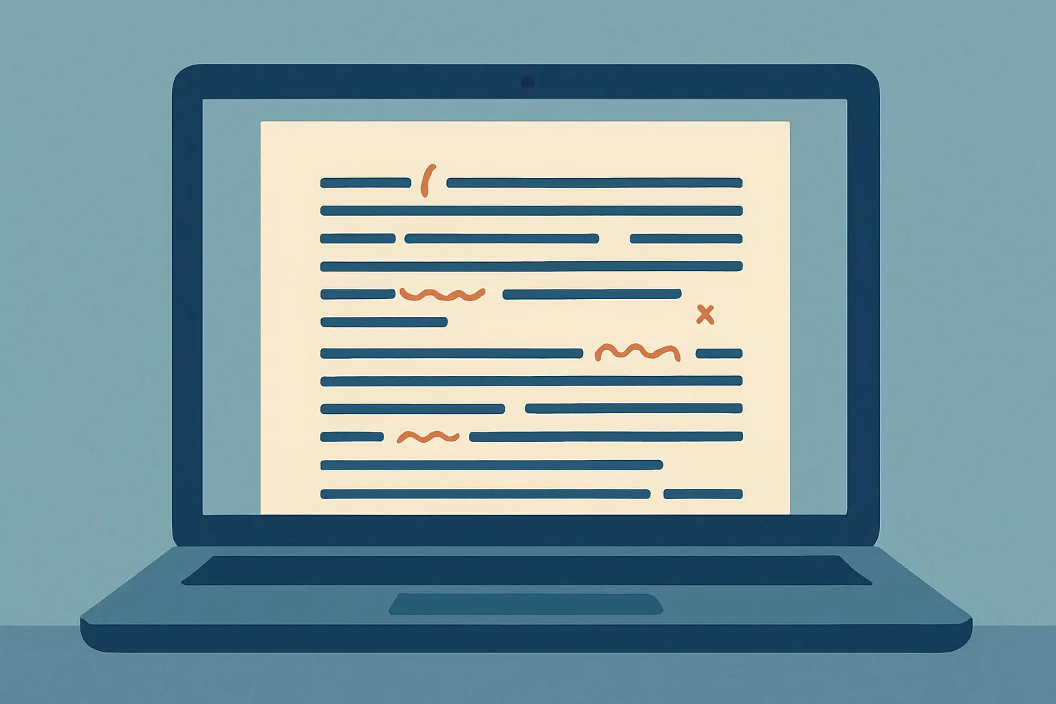 Ilustração editorial de uma tela de laptop mostrando um texto acadêmico com marcações de correção gramatical