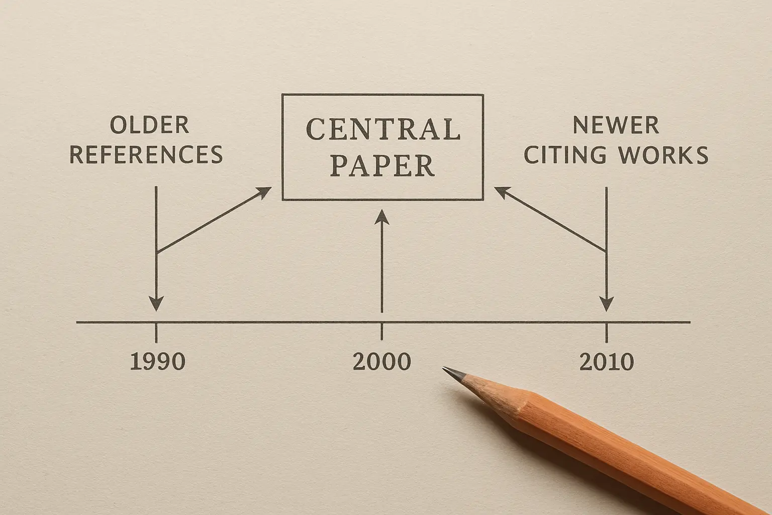 Diagrama impresso com setas para artigos anteriores e posteriores a partir de um artigo central, sobre linha do tempo