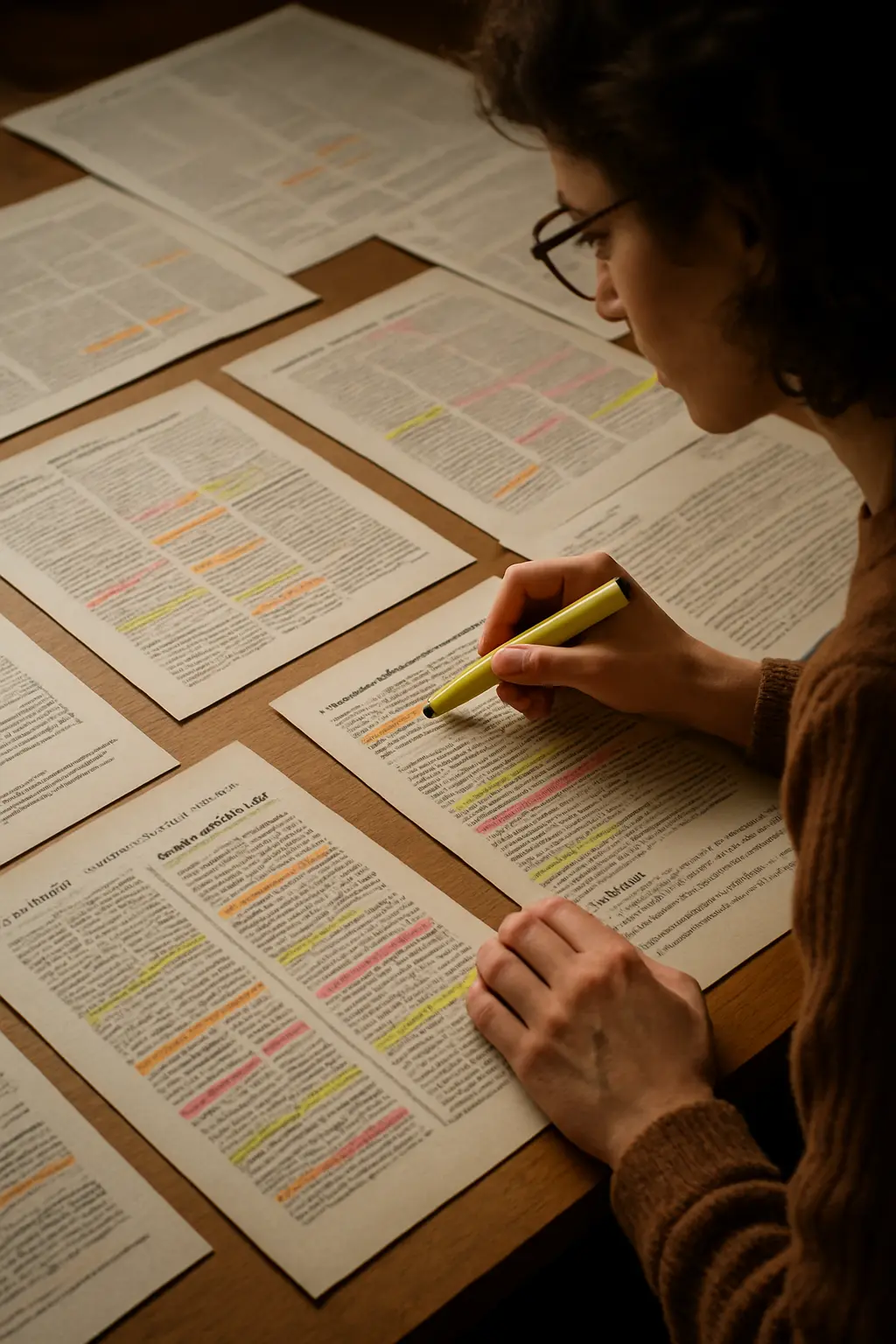 Pesquisador analisando recortes e transcrições para análise de discurso