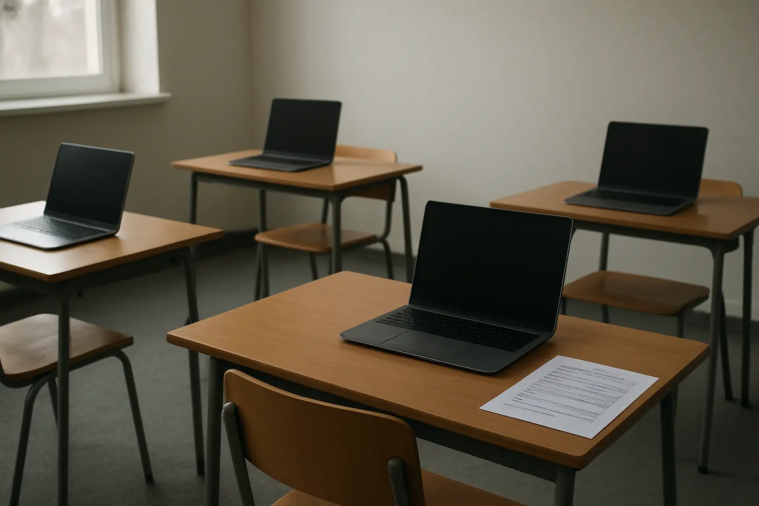 Várias mesas separadas com laptops e questionários impressos, sugerindo respostas independentes e anônimas