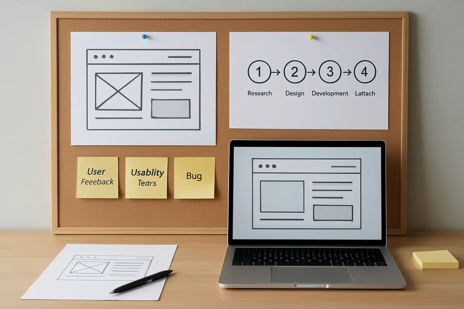 Wireframe em papel afixado em quadro ao lado de fluxo de processo impresso e laptop com interface em rascunho
