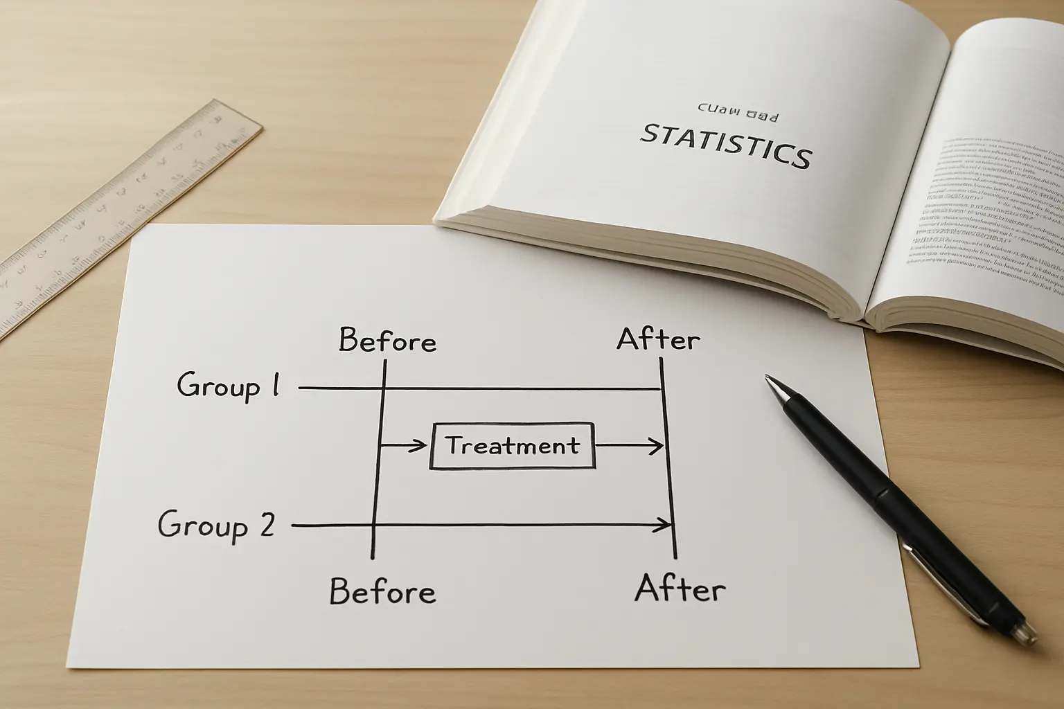 Diagrama desenhado à mão com duas linhas de grupo e marcações de antes e depois sobre a mesa