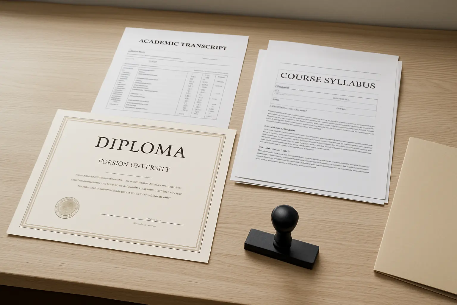 Diploma estrangeiro, histórico acadêmico e ementas de disciplinas reunidos em uma pasta sobre a mesa
