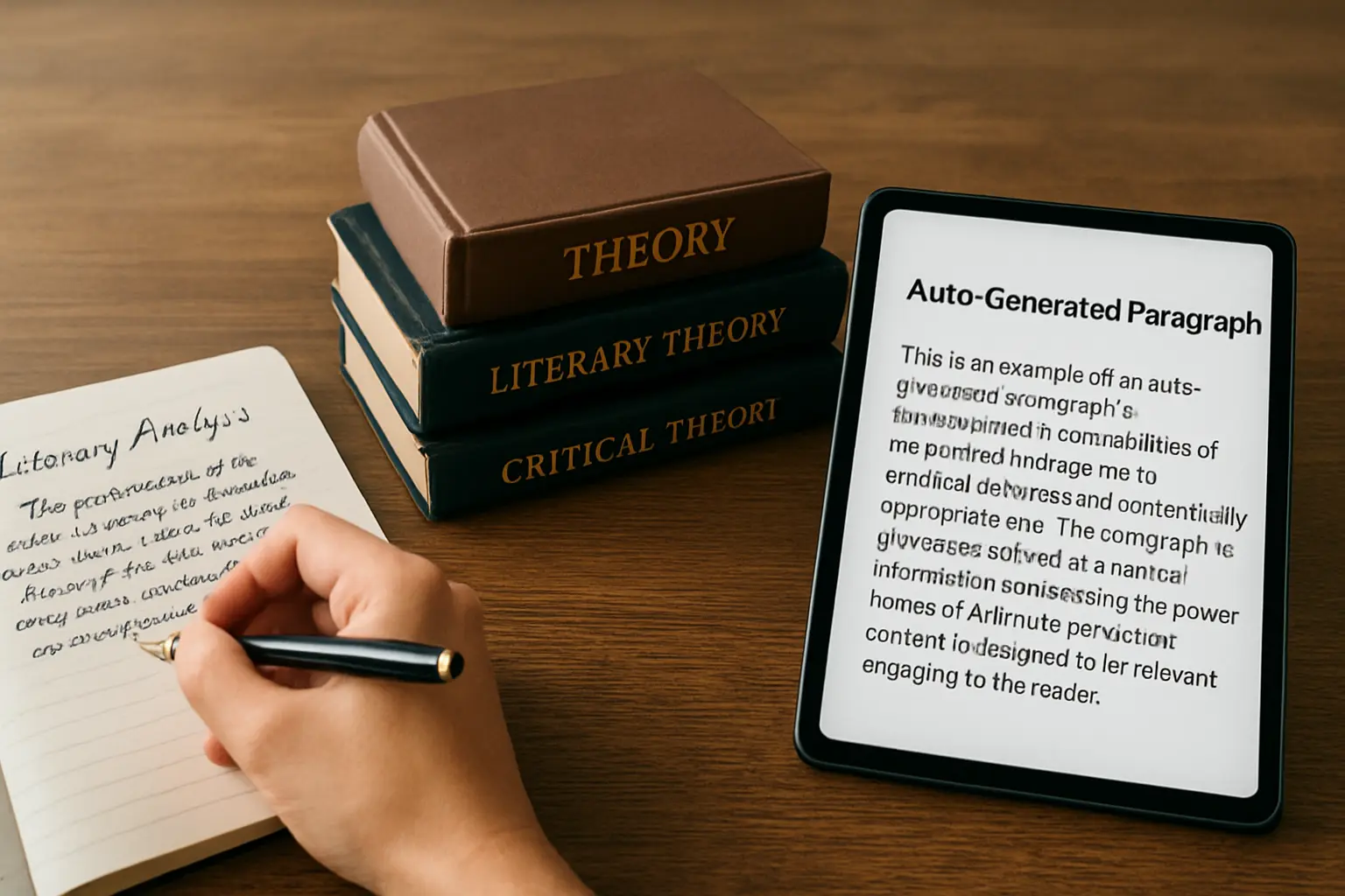 Caderno com análise literária manuscrita ao lado de tablet com parágrafo genérico gerado automaticamente