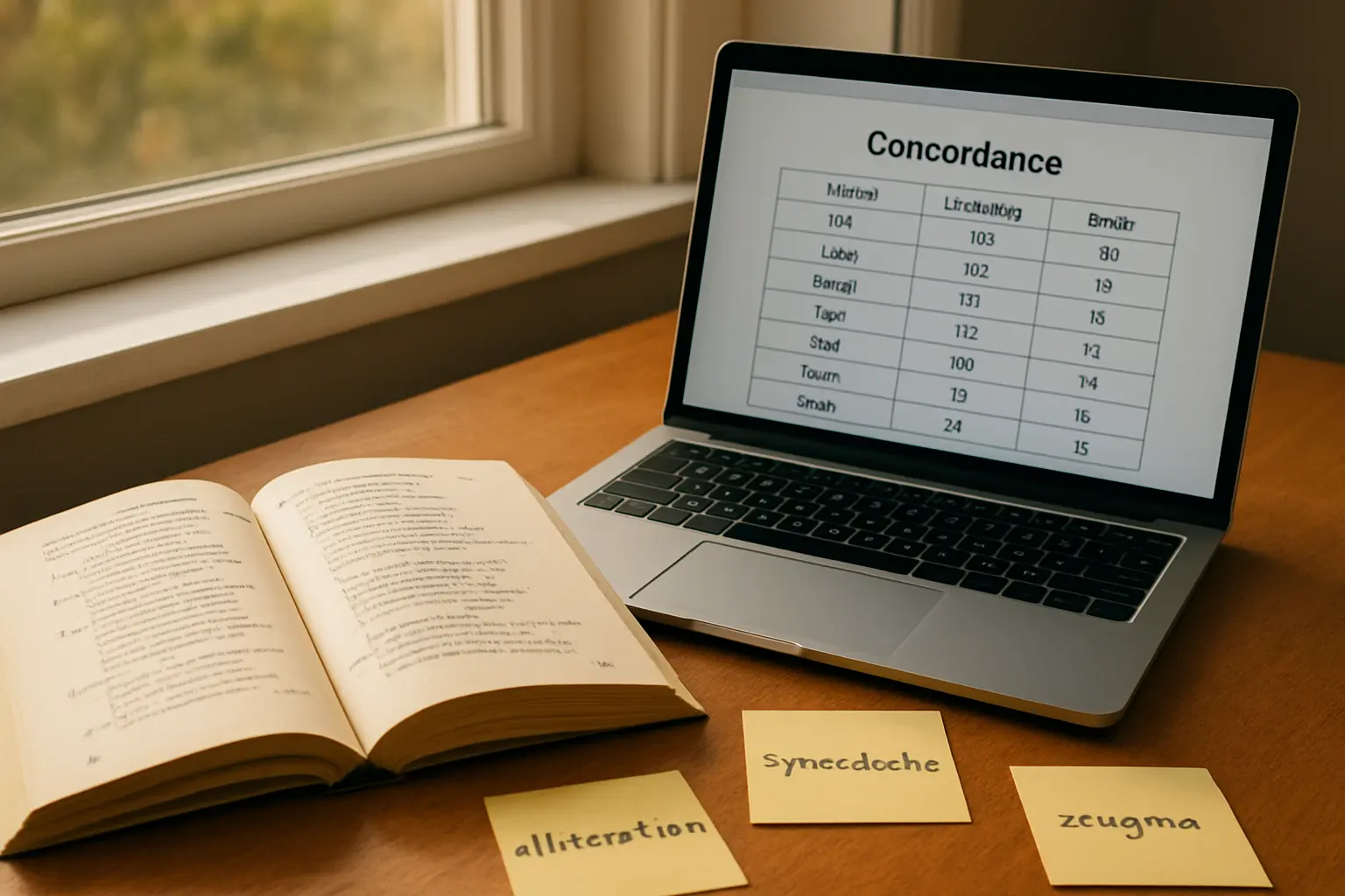 Mesa de estudo com antologia literária anotada e laptop exibindo tabela de frequência de palavras