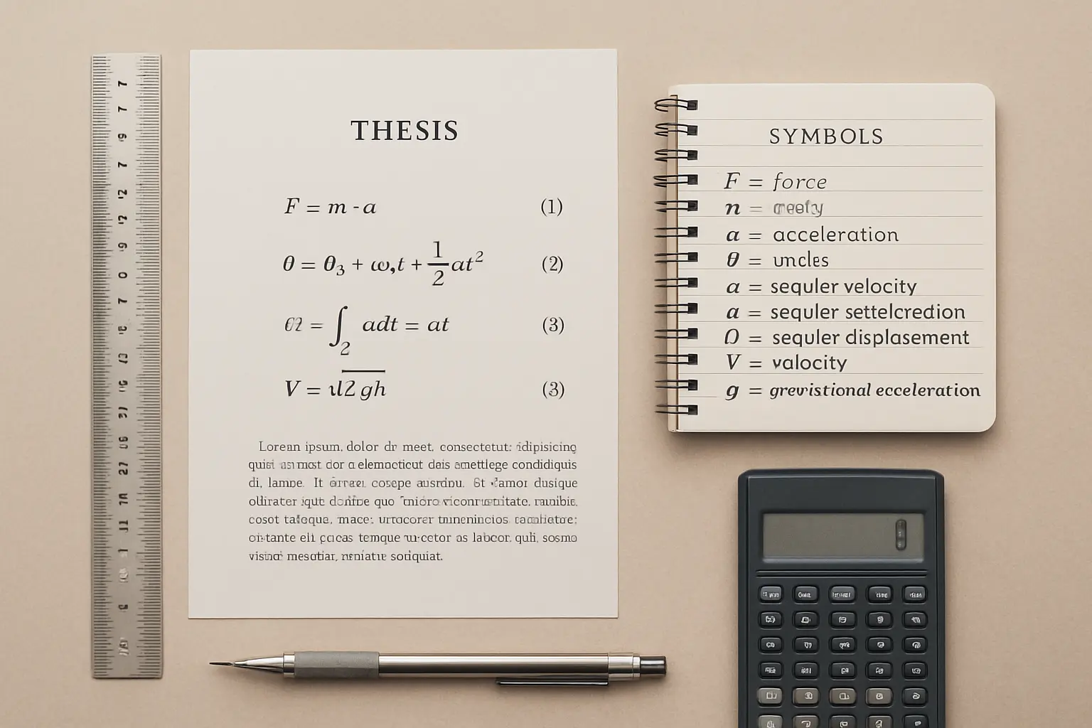 Página impressa com fórmulas numeradas ao lado de calculadora e caderno com definição de símbolos