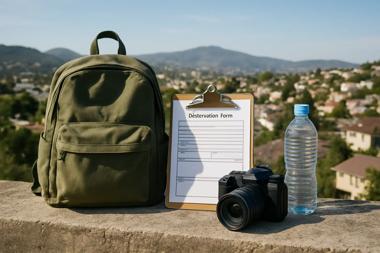 Mochila, prancheta com ficha de observação e câmera sobre muro com paisagem urbana de morros ao fundo
