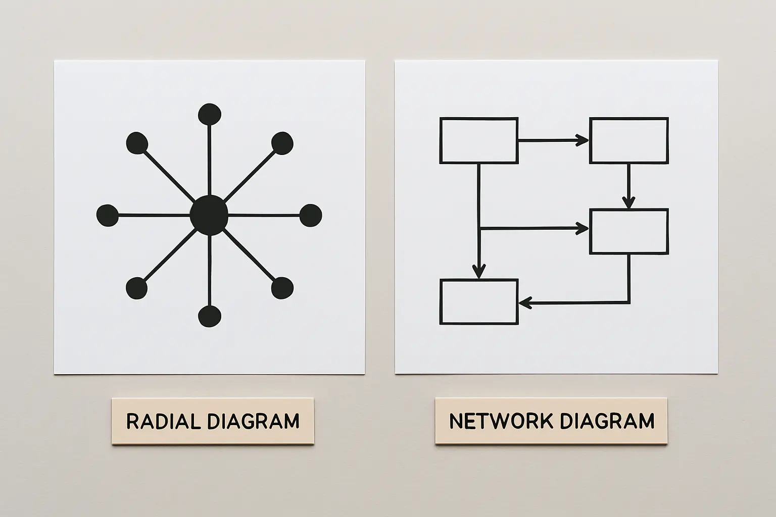 Diagrama radial ramificado ao lado de rede de caixas com setas nomeadas em várias direções