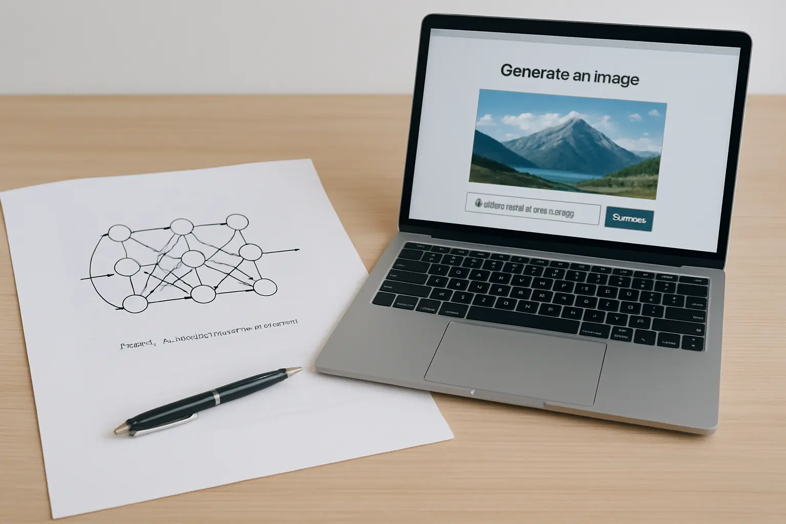Página de TCC com diagrama ilustrativo e legenda sendo anotada ao lado de laptop com gerador de imagem