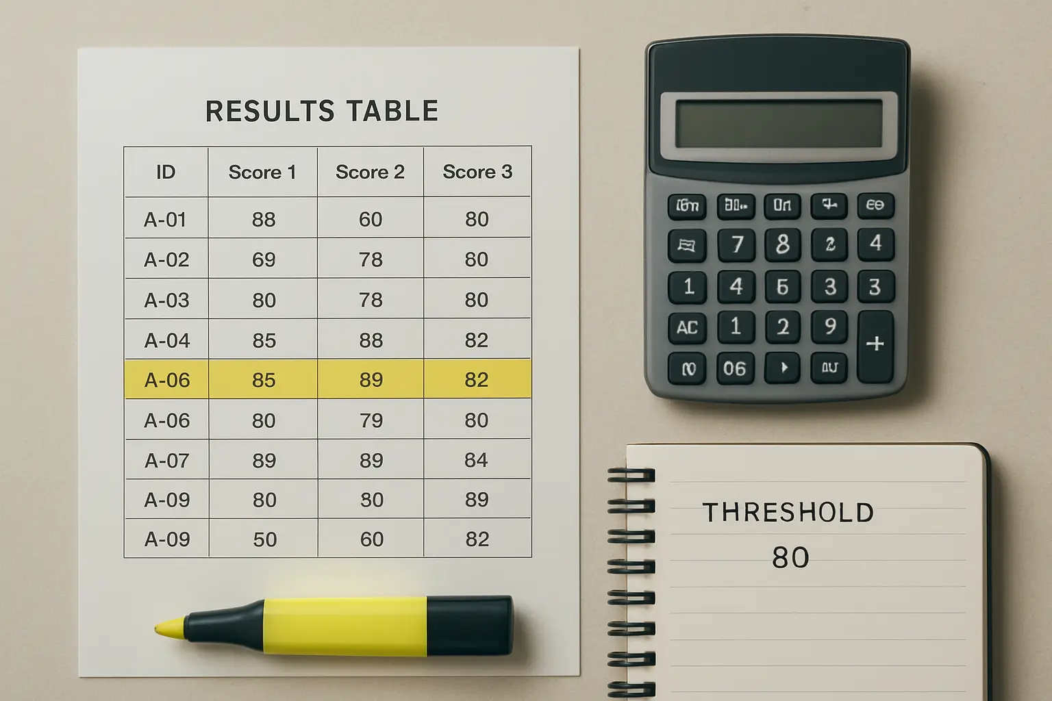 Tabela impressa com pontuações convergindo ao longo de três colunas ao lado de calculadora e caderno