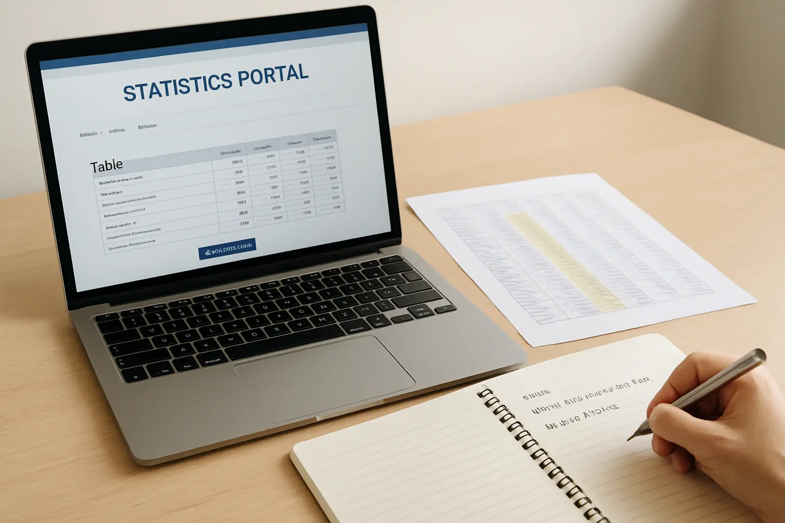 Laptop com portal de estatísticas e planilha impressa ao lado de caderno anotando fonte e data de acesso