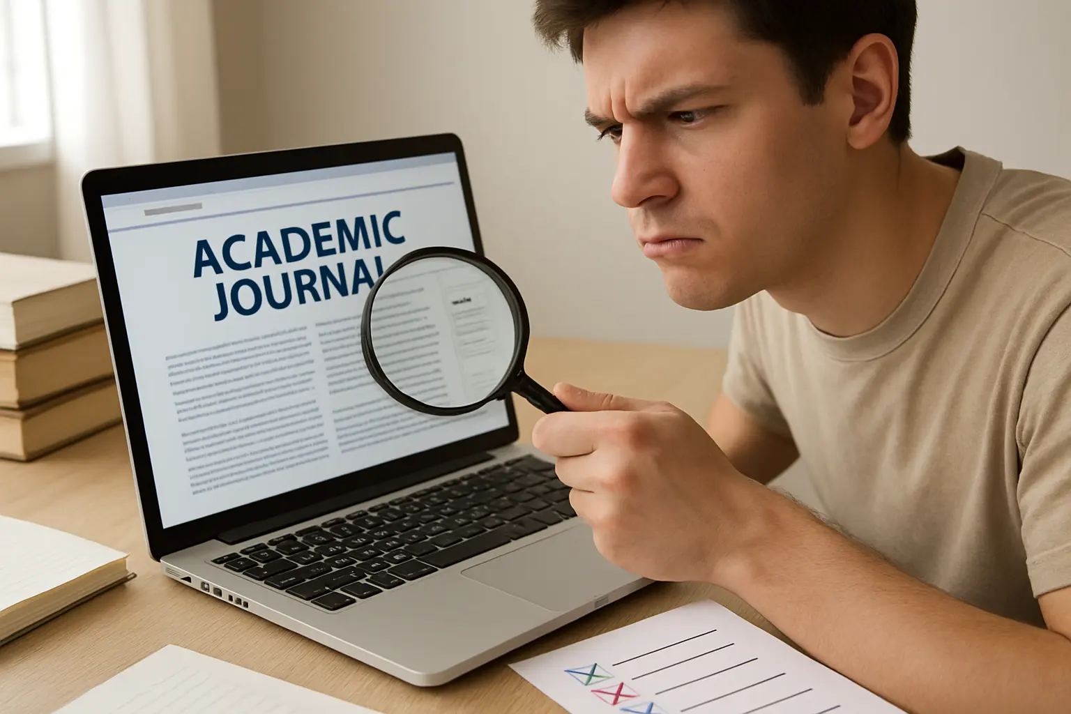 Laptop com site de revista acadêmica e lista de verificação impressa com itens marcados ao lado