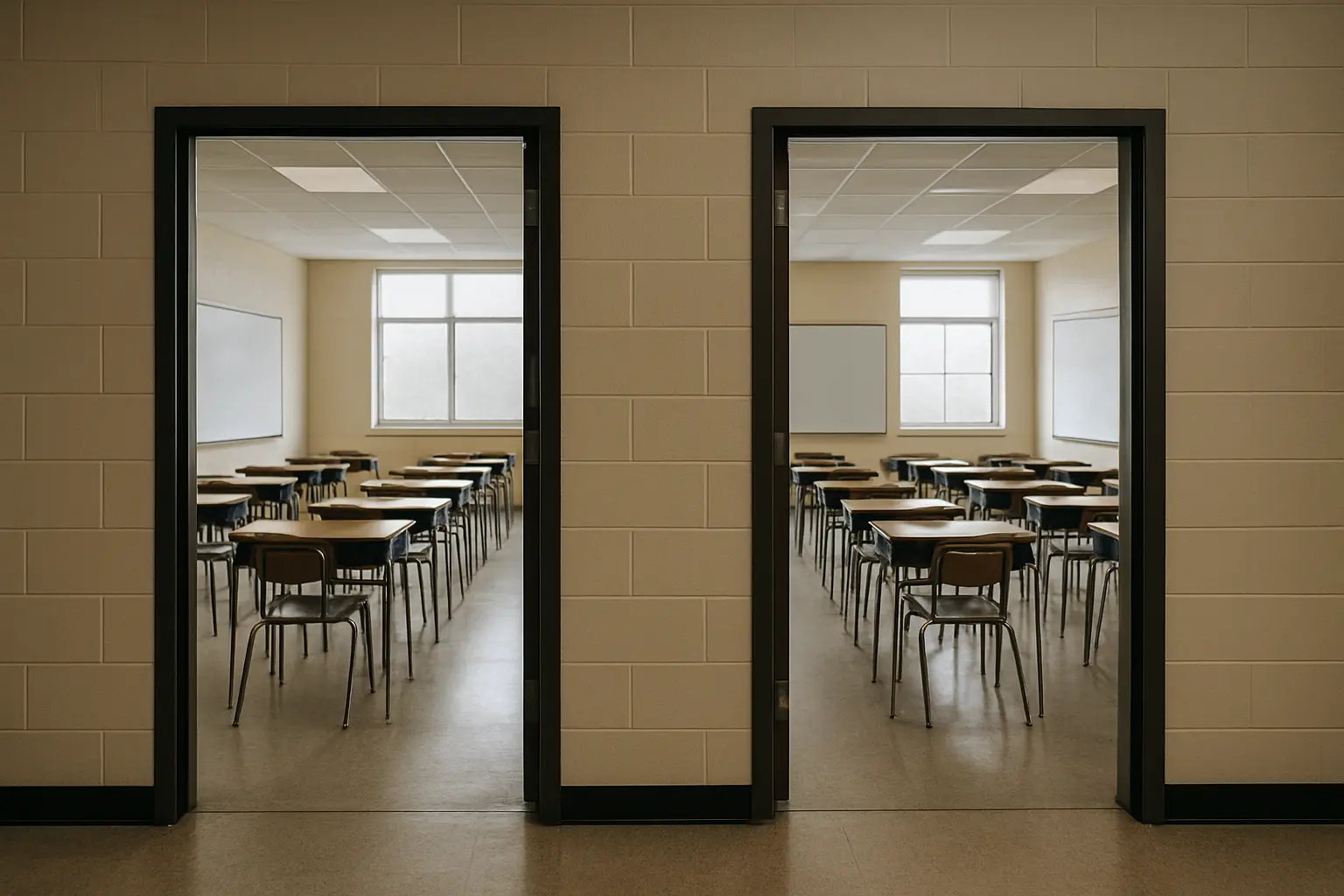 Duas salas de aula vistas de um corredor, representando grupos já formados comparados sem sorteio