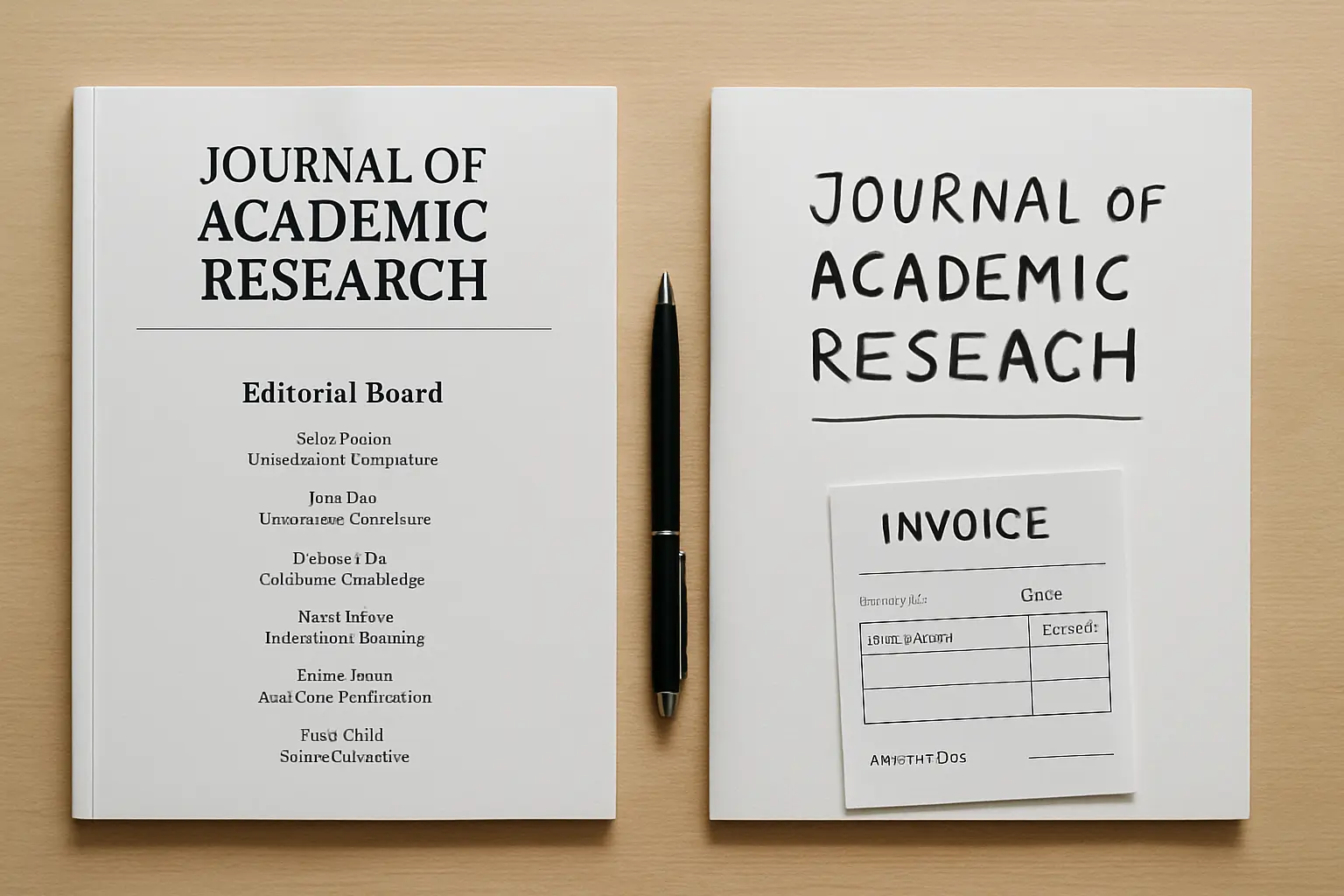 Revista acadêmica bem produzida ao lado de capa de revista mal diagramada com boleto de cobrança