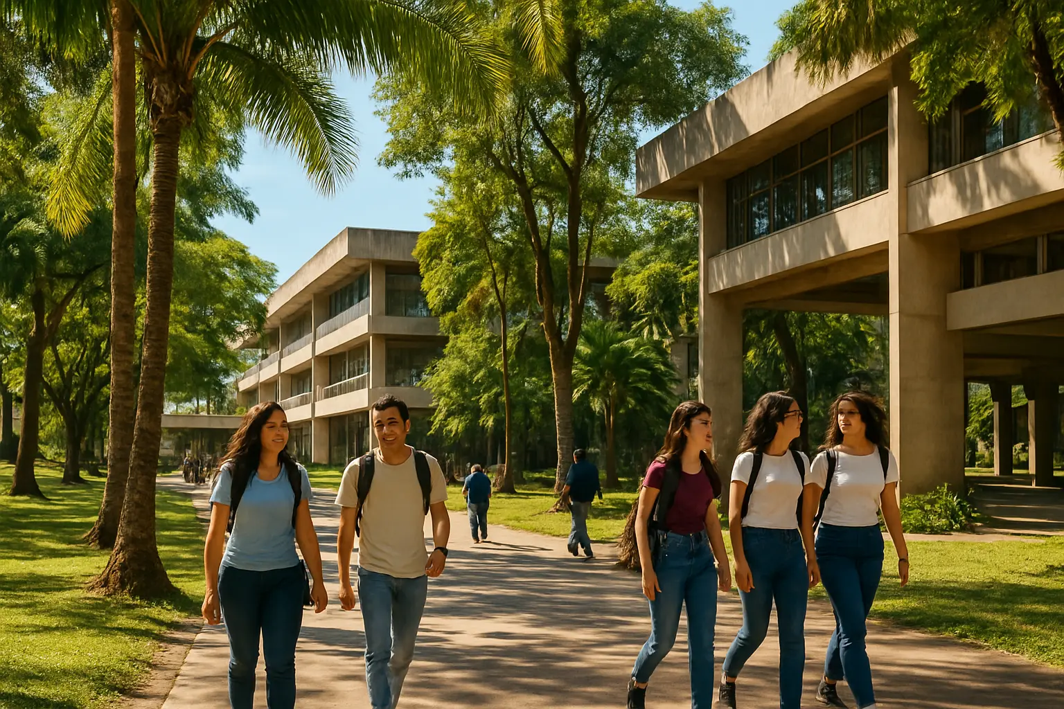 Prédios modernistas entre árvores tropicais em campus universitário brasileiro com estudantes caminhando