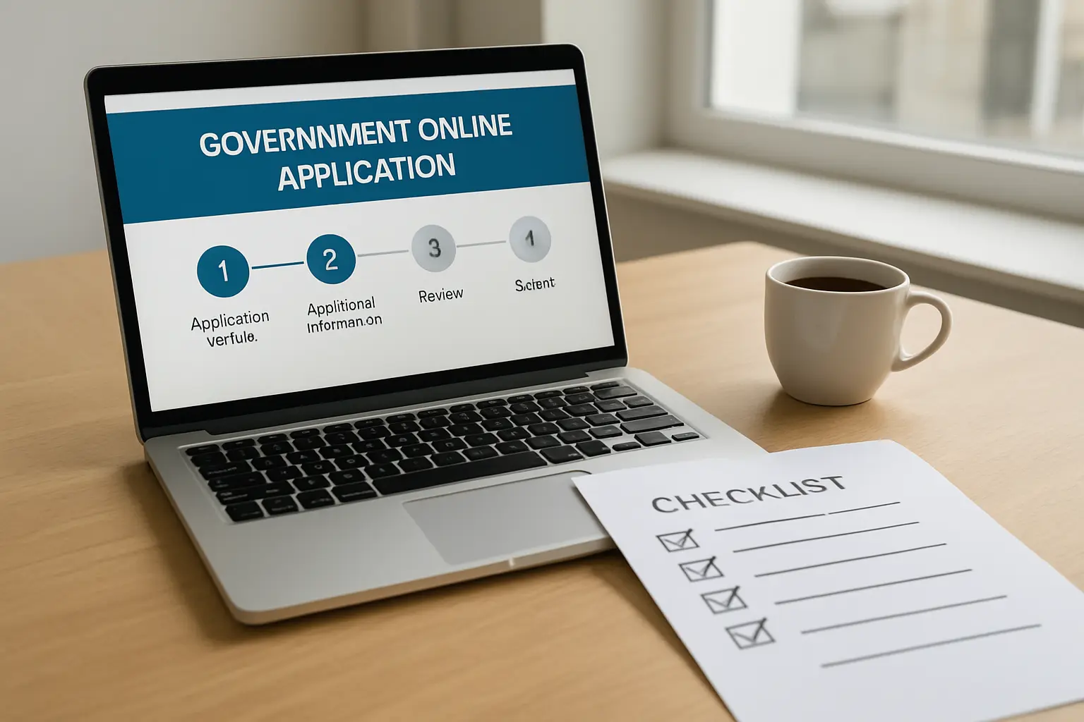Portal online de solicitação com etapas numeradas na tela ao lado de lista de verificação impressa